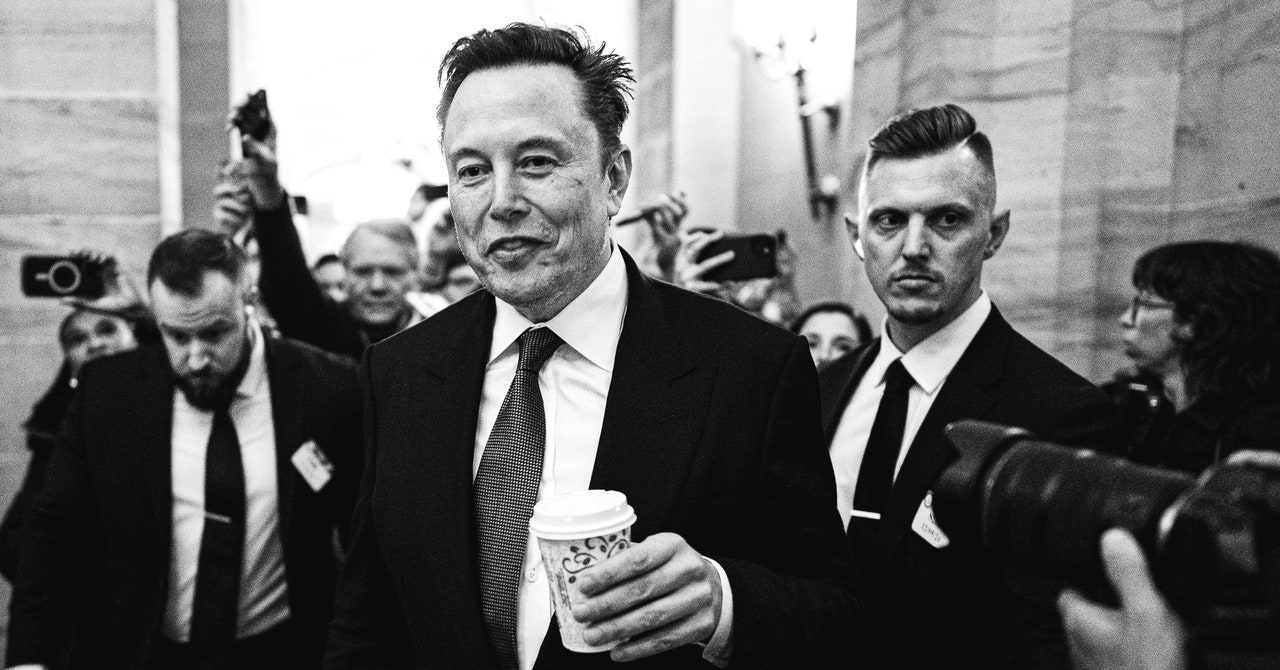 Image showing Elon Musk standing at a podium with a gavel, symbolizing the debate over him as Speaker of the House, amidst political figures like Trump and Johnson.