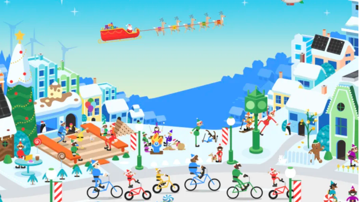 Festive image depicting Christmas Eve excitement with Google Santa Tracker, showing Santa's journey to deliver gifts, blending tradition and new tech magic.